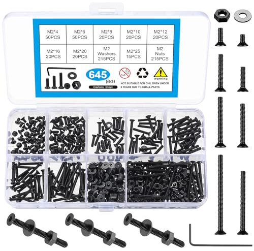 645 Pcs M2 Metric Screw Assortment, Flat Head Machine Screw Assortment Kit, Countersunk Hex Socket Cap Screws Set, Black Countersunk Bolts and Nuts Set with Washers & Wrench