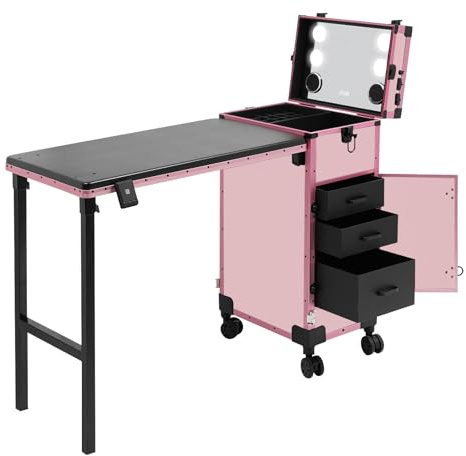 lousriyy Kosmetikkoffer Trolley mit Bluetooth-Lautsprecher Zahlenschloss & LED-Spiegel(warm/kalt),Schminkkoffer mit 50kg Tragkraft 3 Schubladen & 4 Rollen(2 mit Bremse),Make-up Koffer in Rosa,EU-Norm