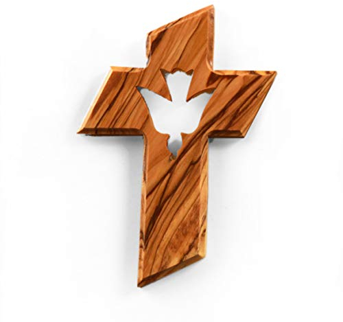 Kassis Geschenkartikel Kreuz mit Heiliger Geist aus Olivenholz – handgefertigtes Wandkreuz aus Bethlehem – spirituelles Geschenk zur Taufe, Kommunion, Firmung, Konfirmation, Hochzeit oder Einweihung
