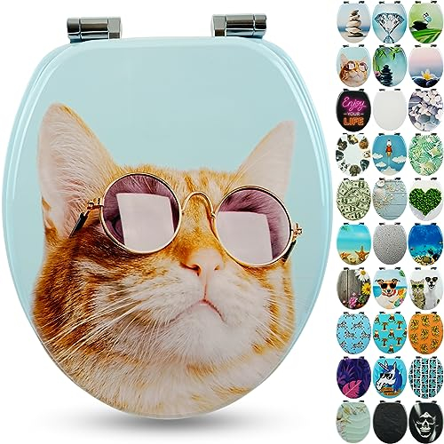 SANFINO® Premium WC Sitz mit Absenkautomatik – hochwertige Toilettendeckel aus Holz, viele bunte Motive, hoher Sitzkomfort, einfache Montage inklusive Montageanleitung – Cool Cat