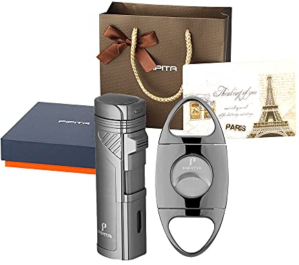 PIPITA Fackel Feuerzeuge Geschenk Sets, Winddichter 4 Jet Flammen Gasfeuerzeug Nachfüllbar Feuerzeug und Schneider,mit Schöner Geschenkbox,Ohne Gas