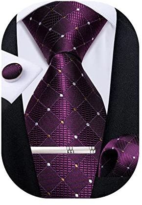 DiBanGu Herren Krawatte Einfarbig Seide Gewebt Gestreift Plaids Krawatte Taschentuch Manschettenknopf Krawattenklammer Set Formelle Business Hochzeit, Lila Punkte, M