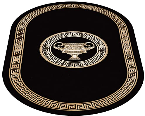 Teppich Oval Wohnzimmer in Schwarz Gold Mäander Amphore Griechisch Muster Schlafzimmer Esszimmer Flur mit Fransen - elegant weich Seidenoptik rutschfest öko tex - schwarz gold, 152x230 cm, Oval