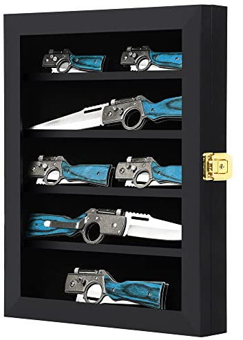 Grintus Taschenmesser Vitrine Messersammlung Display Box für Wand Klappmesser Schrank mit UV-Schutz Acryl abschließbar Schwarz