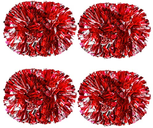 Colexy Cheerleading Pompoms, 4 Stück Metal Foil Cheerleading Pom Poms, Cheerleader Pompons Handblumen, Kunststoff Cheerleader Pom Poms Cheer Poms, für Sport Wettbewerb Tänze Team Geist, Rot