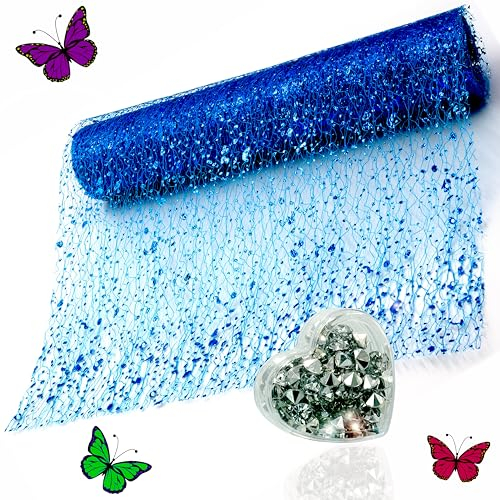 O-STOREYA Tischläufer Blau mit Deko-Diamanten, 29cm x 3m Dekostoff leicht schimmernd für Alltag, Dinner & Feste