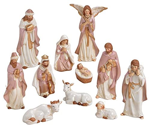 Goldschmidt Krippenfiguren Porzellan rosa weiß | Weihnachten Krippe Figuren Set 11-TLG 3-16cm | Krippenzubehör Weihnachten