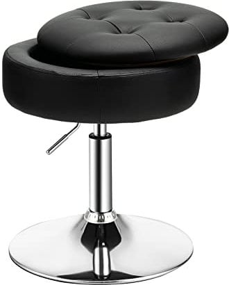 COSTWAY 360° Swivel Vanity Stool, Height Adjustable PU Leather Footstool Storage Ottoman with Removable Tray Lid, Modern Padded Round Footrest Accent Makeup Stool Chair for Living Room Bedroom (Black)