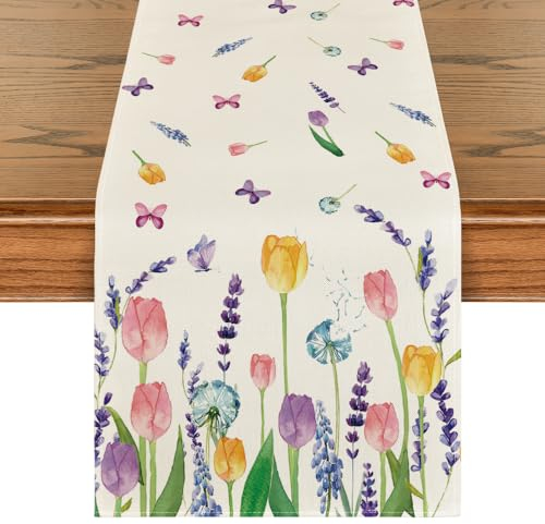 Artoid Mode Tulpen Lavendel Frühling Tischläufer, Saisonnal Sommer Küche Tisch Dekoration Drinnen Urlaub Party Dekor 40x240 cm
