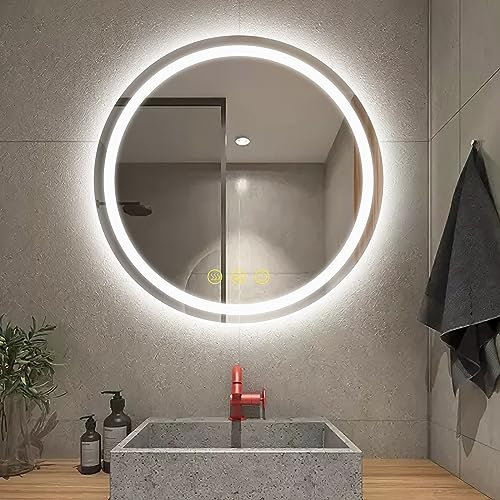 AI-LIGHTING Round Bathroom Mirror with LED Lights Illuminated Dimmable 500mm Wall Mirror with Demister Pad & 3 Color Lights