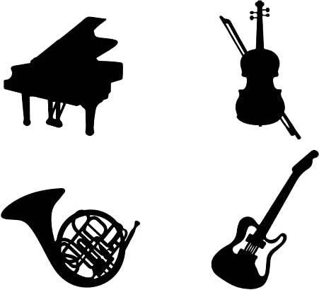 nbeads 4 Pcs Musikinstrumente Holz Wanddeko, hölzerne Klavier Violine Waldhorn Gitarre Kunst Wanddekor schwarz Jazz Hohle Wand Zeichen hölzerne hängende Dekoration Silhouette für Wohnzimmer