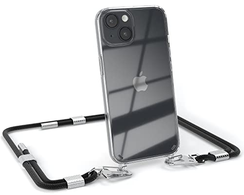 EAZY CASE - kombinierbare Handyketten kompatibel mit iPhone 14, Transparente Silikon-Hülle mit stylischen Umhängeband, abnehmbar durch Karabiner, Hülle mit Band, Umhängetasche, Schwarz - Clips Silber
