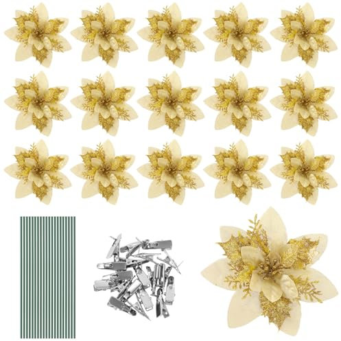 JULBEAR Estrella de Navidad artificial, 16 unidades de flores de Navidad con purpurina, flores artificiales con clips, para decoración de árbol de Navidad, adornos para árbol de Navidad, color dorado