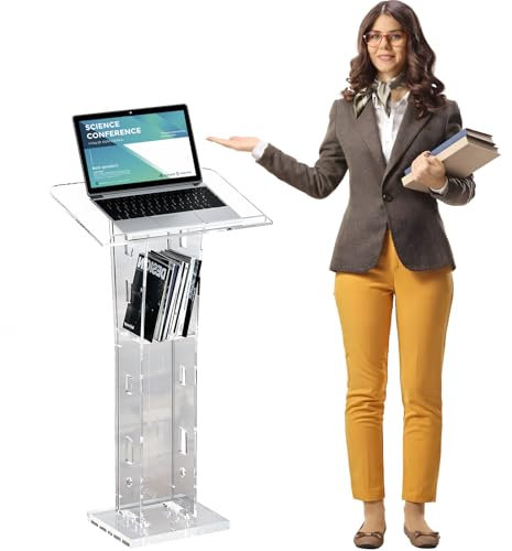 lesolar Acrylic Podium Portable Clear Presentation Lectern Stand,Floor Standing Church Pulpit With Wide Reading Surface And Storage Shelf,Suitable for Church,Wedding,School