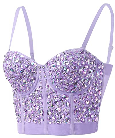 Korsett Top Damen Party, Bustier Sexy, Glitzer Crop Push Up BH Strass Spaghetti Tank Trägertop Sparkle Corsage Schlanke Weste Rave Clubwear Unterhemd Camisole Tanktops Frauen