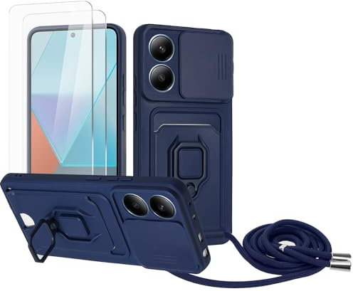 Zallagre Cordon de Coque Compatible avec Redmi Note 13 4G,[2 Pièces] Verre Trempé,Lentille Coulissante Couverture,360 Degrés Bague Rotatif Support,Fentes pour Cartes-Bleu Marine