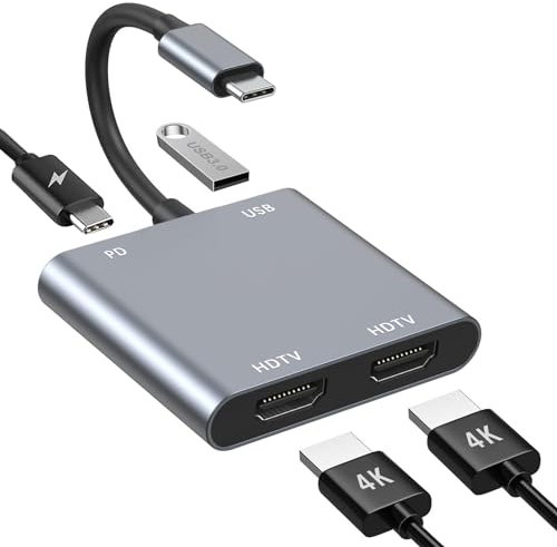 USB C to Dual HDMI Adapter, 4 in 1 HDMI Splitter for Dual Monitors 4K, USB 3.0, PD 100W, USB Type C to Dual Monitors Adapter Multiport for MacBook Pro/Air, iPad, Surface, Dell, Chromebook