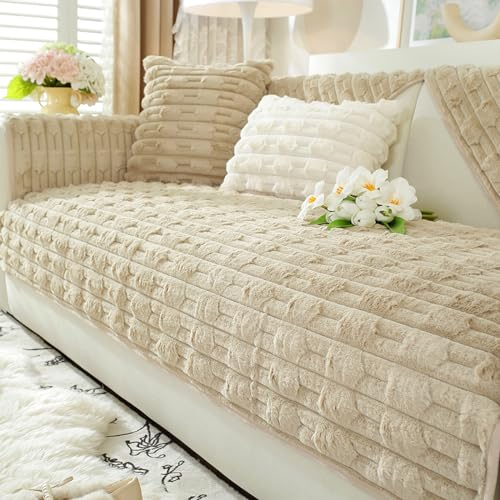 ZCXRYFL PlüSch-Sofabezug L/U-Form Eckcouch Universal-Sofa Abdeckung 1 2 3 4-Sitziger Rutschfester Sofa üBerzug FüR Leder-/Holz-/Stoff Sofas, Kratzfeste Balkondecke FüR Katzen(90X210cm,Khaki)