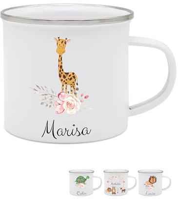 wunderwunsch - Personalisierte Emaille Tasse Kinder mit hochwertigem Spezial-Druck – Bruchsicher, Leicht & Umweltfreundlich – Perfekt für Zuhause, Kindergarten oder Camping (Giraffe Blumen)