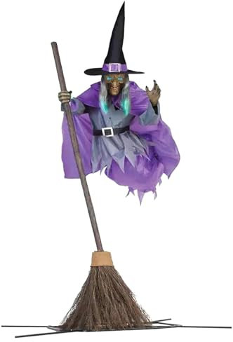 Fliegende Hexe Halloween-Dekoration auf Besen, animierte schwebende Hexe Animatronics Halloween-Requisiten mit gruseligen Geräuschen und Lichtern, Halloween-Außendekoration
