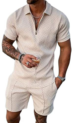 Osheoiso 2 Teiliges T-Shirt und Hosen Sets Herren Shorts Jogginganzug Casual Freizeitanzug Outfit Sweathose Kurze für Männer Polo Hemd mit Revers Arbeitshemd A Khaki M