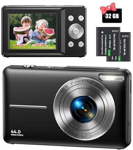 Digitalkamera 44MP 1080P FHD Fotokamera Kompaktkamera 16X Digitalzoom Fotoapparat mit 32GB Speicherkarte, Digital Kamera für Kinder, Teenager, Anfänger, Jungen, Mädchen(Schwarz)