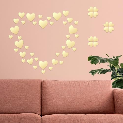 TAIANJI 68 Stück Mini Spiegelfliesen Selbstklebend, Herz Spiegel Acryl Spiegelfolie Kleine Spiegel zum Basteln für DIY, Wanddekoration, Badezimmer (Gold)