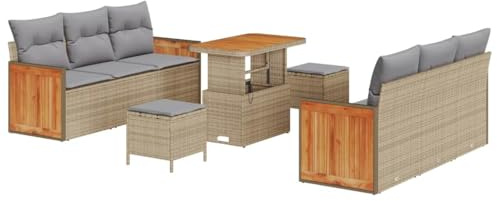 vidaXL 9-teiliges modulares Outdoor-Sofa-Set mit beigen Kissen aus Poly-Rattan und Akazie, verstellbarem Kaffeetisch, wetterfest – perfekt für deinen Garten, die Terrasse, den Balkon oder den Hof.