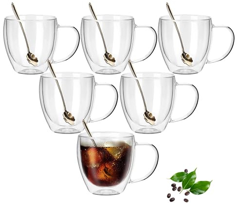 OPTVTAVITA Double Wall Glass Coffee Mugs Set of 6,250ML Insulated Glass Coffee Cups with Handles,Clear Coffee Mugs for Espresso,Latte,Cappuccino,Wine,Tea Bag,Hot or Cold Beverage