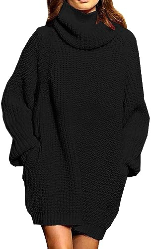 Pink Queen Damen Strickpullover Oversize Pulloverkleid Rollkragen Lose Taschen Langarm Lässig Longpullover Schwarz L