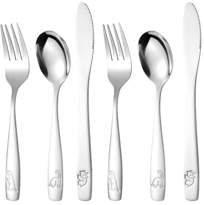 6Pcs Childrens Cutlery Set, Stainless Steel Kids Knife and Fork Sets | Dinosaurs Children's Cutlery, Dishwasher Safe Kids Metal Cutlery with 2 Forks, 2 Dinner Knives and 2 Table Spoons, Durable
