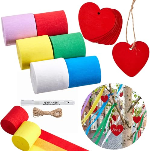 Tenare Maibaum Deko Set 6 Farbe Krepppapier Band Bunt 4,5 cm x 10 m Maibaum Bänder 10 Holz Herz Anhänger mit 2 m Hängeseil Weißer Marker für Party Hochzeit Feiertagsfeier Geschenk Maifest Dekoration