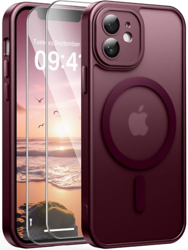 Opkiegrn Magnetisch Hülle für iPhone 11 mit 2 Stück Panzerglasfolie, KameraSchutz Folie Anti-Vergilbung Transluzente Matt Handyhülle für iPhone 11 Weinrot