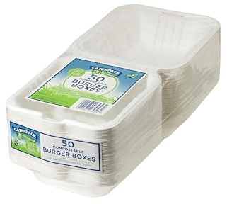 Caterpack Enviro Range Burger Boxes 6 x 6 50 Pack. Disposable, biodegradable burger boxes. Suitable for microwaving and freezing, water repellent and greaseproof