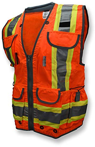 Radians SV55 Class 2 Heavy Woven Two Tone Engineer Vest with Padded Neck to Support Extra Weight in Cargo Pockets, Orange, Medium
