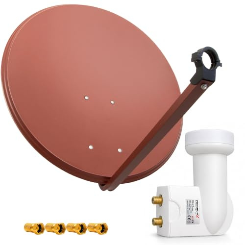 PremiumX Satelliten-Komplettanlage 80cm Satellitenschüssel Ziegelrot TV Satellitenantenne Twin LNB 4X F-Stecker, SAT für 2 Teilnehmer