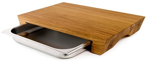 cleenbo - Planche à découper style chêne professionnelle en bois de chêne huilé avec bac d'égouttement (GN) 1/2 en acier inoxydable Gastronorm réglable, dimensions de la planche: 43 x 29 x 7 cm