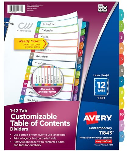 Avery Dividers for 3 Ring Binders, 12 Tabs per Set, Customizable Table of Contents, Multicolor Arched Tabs, Great for Organizing Reports, Projects, and More (11843)