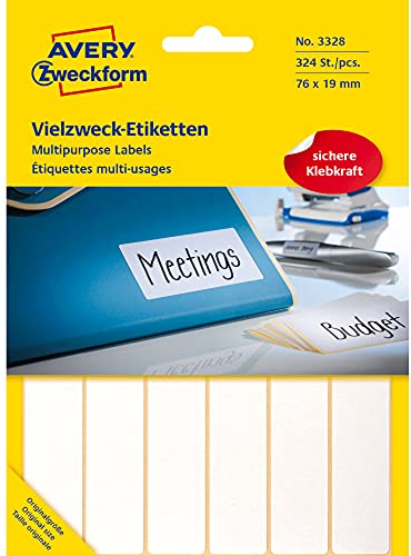 Avery Zweckform 3328 Haushaltsetiketten selbstklebend (76 x 19 mm, 324 Aufkleber auf 27 Bogen, Vielzweck-Etiketten für Haushalt, Schule und Büro zum Beschriften und Kennzeichnen) blanko, weiß