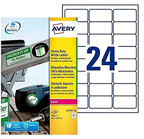 Avery L4773-20 480x Ultra widerstandsfähige Etiketten für Laserdrucker 63,5 x 33,9 mm Weiß