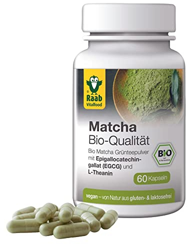 Raab Vitalfood® Bio Matcha Kapseln (60 Stück) - Bio Matcha Grünteepulver aus Japan, mit 41 mg EGCG pro Tagesportion, enthält natürlicherweise die Aminosäure L-Theanin und Koffein, vegan