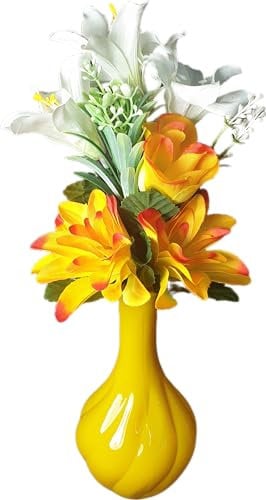 Flourish Single Vase Display - Mustard Yellow Artificial Flowers with Vases, Bathroom or Living Room Home Decor Accessories