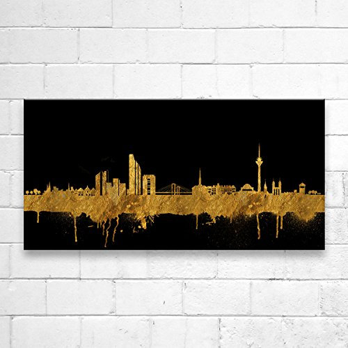 Kunstbruder Düsseldorfer Skyline - Schwarz/Gold 20x50cm - by Stadt Düsseldorf Kunstdruck 2cm (div. Varianten/Größen)- Leinwandbild Wandbild Wanddeko/fertig zum aufhängen