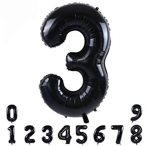 40 Zoll Nummer Folienballon 0 to 9 in Schwarz Helium Zahlenballon Riesenzahl Luftballon Nummer 3 Heliumballons für Geburtstag, Hochzeit, Jubiläum Party Dekoration（Zahl 3）