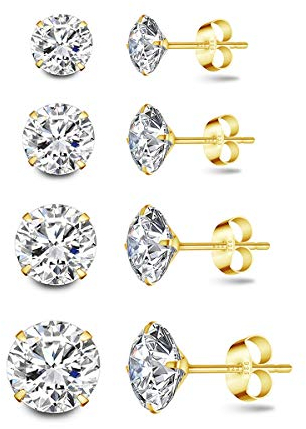 Deyanse Damen Silber Ohrstecker, 4 Paare 925 Sterling Silber Gold Zirkonia Ohrstecker Ohrringe Set, Hypoallergen Unisex Klein Schlafen Knorpel Ohrstecker mit Zirkonia, Ohrringe Größe in 3, 4, 5, 6mm
