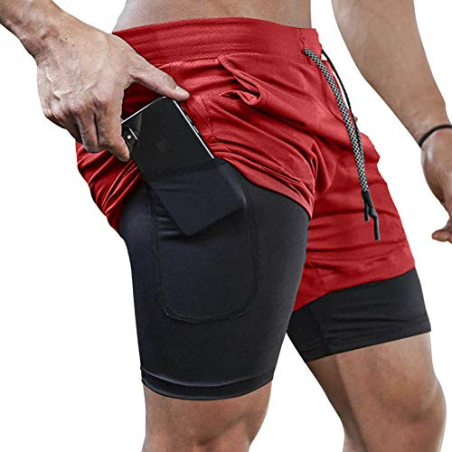 MANLUODANNI Herren Running Shorts, 2 in 1 Shorts Men Laufshorts Fitness Sporthose Kurz Jogginghose Schnelltrocknende Laufhose mit Kompressionsshorts und Taschen Reißverschlussfach Rot L