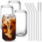 Lot de 4 verres à boire avec paille en verre - 473 ml Gobelets forme canette bière, café glacé mignons Parfaits pour whisky, soda, thé, eau, cadeau 2 brosses nettoyage