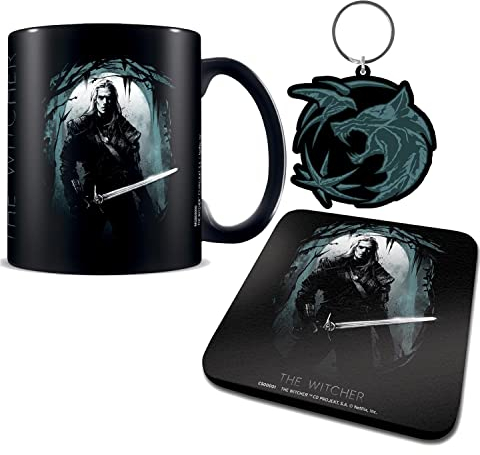 The Witcher Geschenkset mit Tasse, Untersetzer und Schlüsselanhänger (The Hunter Design) in Geschenkbox - Offizielles Merchandise, Schwarz