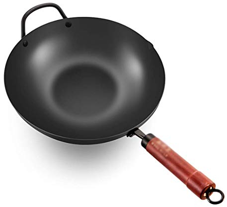 KDOQ Wok con Tapa, Wok - Olla de Hierro Original importada Vintage Hecha a Mano sin Recubrimiento para cocinar en el hogar Wok Plano Antiadherente