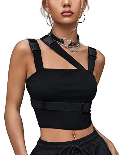 CYCLAMEN Damen-Tanktop mit Schnalle, Ärmellos, Röhren-Oberteil, bauchfrei, Nachthemd, Rave, Gothic, Punk, Streetwear
